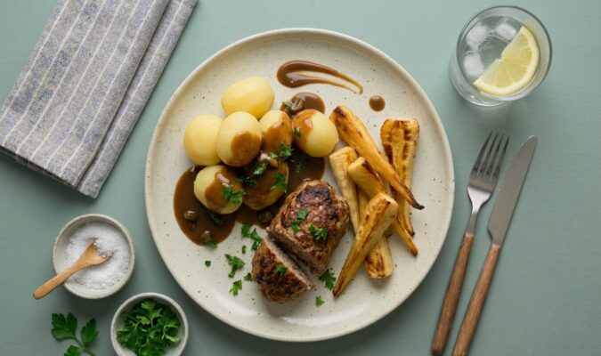 Köttfärslimpa m. potatis, gräddsås och honungsbakad palsternacka