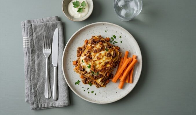 Lasagnette m. nötfärs, béchamelsås, mozzarella och snackmorötter