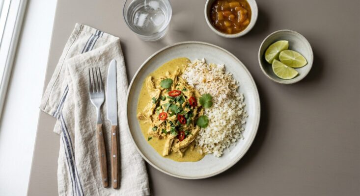 Klassisk kyckling i curry med basmatiris och blomkålsris