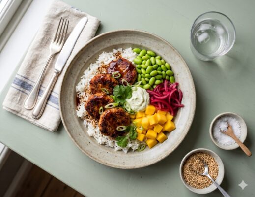 Asian Fish Bowl med jasminris, mild teriyakisås, edamamebönor, limemajonnäs, inlagd rödlök och mango