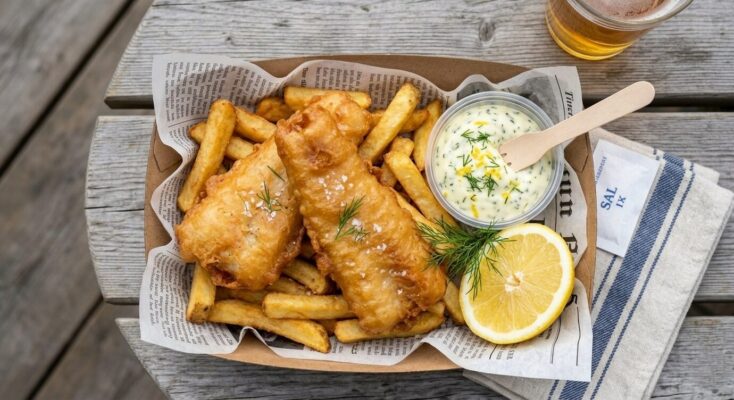 Streetfood-style fish and chips med pommes frites och citron-dillmajonäs 🐟