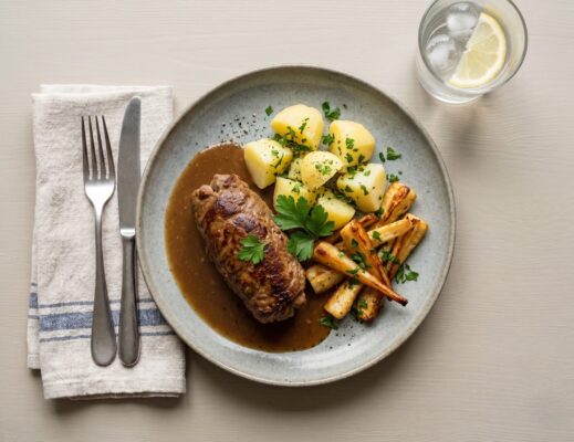 Färsinbakad purjolök med brun sås, potatis och rostad palsternacka