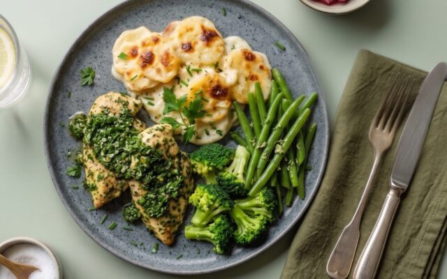 Ört-marinerad kyckling med potatisgratäng, broccoli och bönor