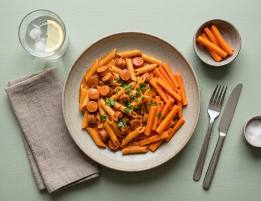 Pasta med korv i mild gräddsås och stekt morot