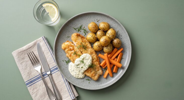 Panerad fiskfilé m. citron-dill majonnäs, stekt potatis och morot