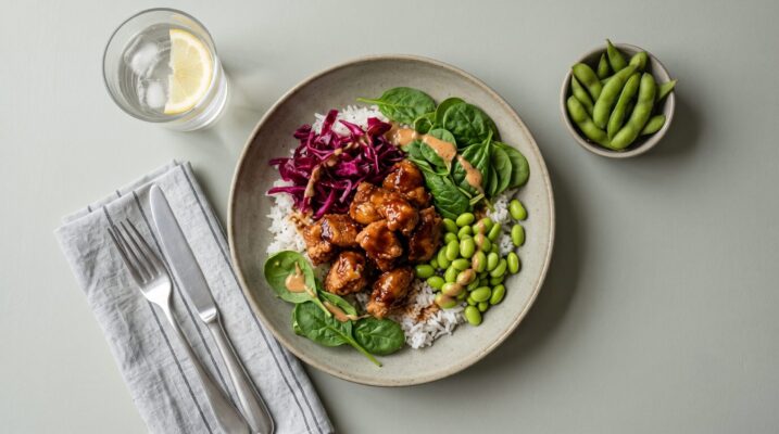 Sticky chicken poké bowl med spenat och inlagd rödkål