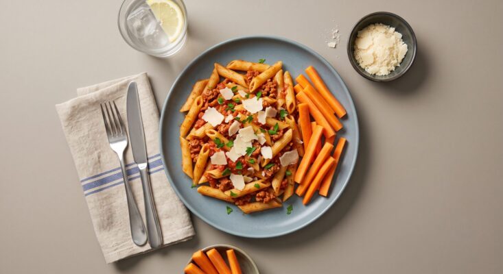 Pasta i kryddig chorizo-sås, parmesanost och knapriga morötter