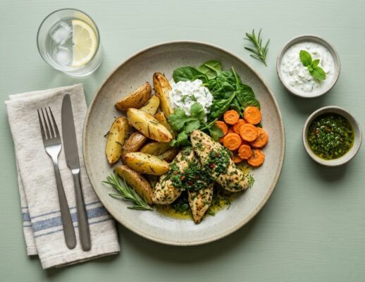 Örtkryddad kyckling m. potatisbåtar, tzatziki, spenat och rostad morot