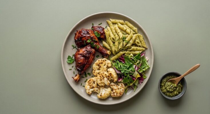 Ölmarinerad kycklingklubba m. pasta, pesto, grillad blomkål och sallad