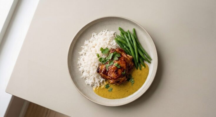 Stekt kycklinglår m. jasminris, currysås och bönor