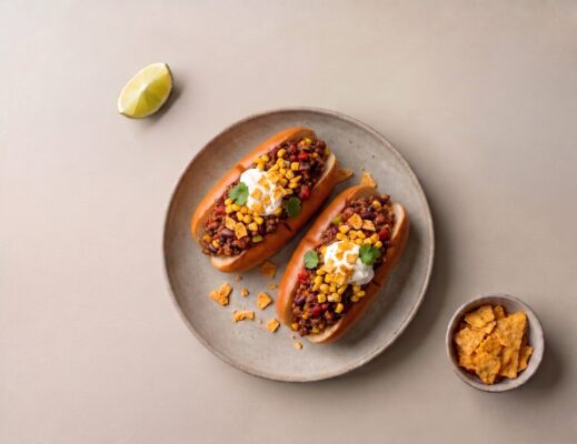 Mexikansk hot dog med chili con beef, ugnsrostad majs, creme fraiche och picklad lök